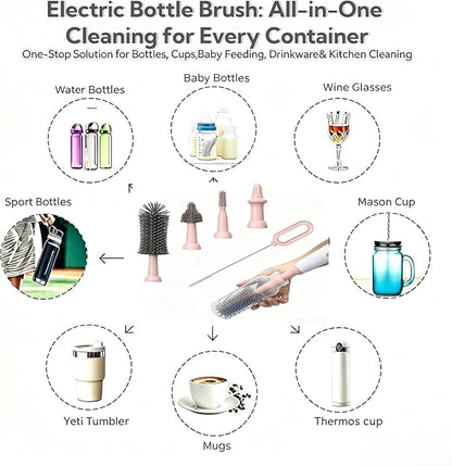 Electric Bottle Brush Set, 6-in-1 Electric Cleaning Brush with Waterproof Silicone Cleaner, 3 Replaceable Brush Heads, Straw Brush & Extension Rod, for Baby Feeding Accessories and Kitchen Utensils