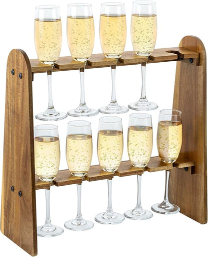 MyGift 2 Tier Champage Glass Holder, Cocktail Tree Stand for Drinks, Tabletop Wine Beer Flute Rack Party Stemware Hanging Display, 10 Slots for 9 Inch Glasses, Rustic Premium Solid Acacia Wood