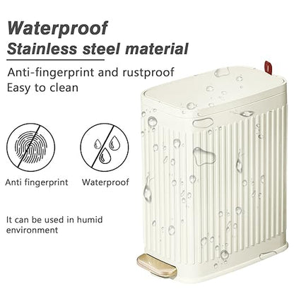 Small Bathroom Trash Can with Air Freshener Soft Close Lid, 6 Liter/ 1.6 Gallon Stainless Steel Garbage Can with Removable Inner Bucket,Step Pedal, Slim Wastebasket for Bedroom, Toilet (Ivory White)