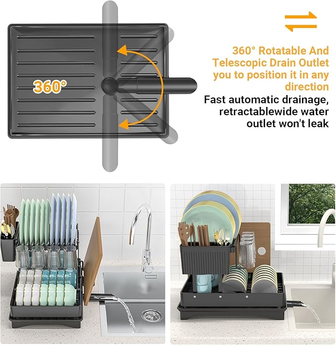 Expandable Dish Drying Rack, Rust-Proof Metal Dish Racks for Kitchen Counter with 360° Swivel Drain Spout, Space-Saving Dish Drainer with Utensil Holder for Small Apartment & Home Organization, Black