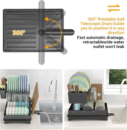 Expandable Dish Drying Rack, Rust-Proof Metal Dish Racks for Kitchen Counter with 360° Swivel Drain Spout, Space-Saving Dish Drainer with Utensil Holder for Small Apartment & Home Organization, Black