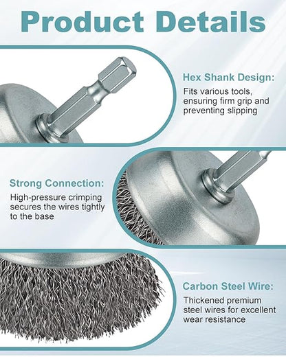 10 Pcs Wire Brush for Drill, Coarse Carbon Steel Crimping Wire Wheel Brush, 1/4 Inch Hex Shank, Cup Brush Drill Bit for Cleaning Rust, Stripping and Abrasive