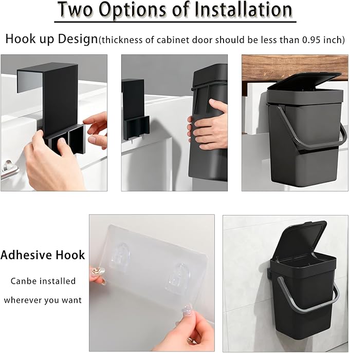 Compost Bin Kitchen, for use on Countertops or Under Sinks, Hanging Trash Can with Lid, Mountable Indoor Compost Bucket, for Cupboard/Bathroom/Bedroom/Office/Camping (Black 1.3 Gallon/5L)