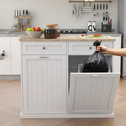 RASOO Double Tilt Out Trash Can Cabinet Freestanding Wooden Kitchen Garbage Trash Can Cabinet with Wood GrainTabletop and 2 Drawers