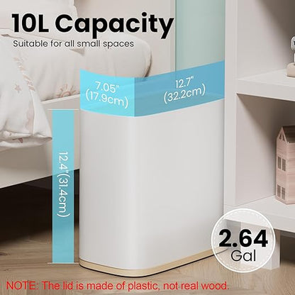 Bathroom Trash Can with Lid and Wheels, 10L/2.6 Gal Small Slim Garbage Can, Air-Press Bag Expander, Odor & Pet Proof, Wood Grain Press Lid, White Wastebasket for Bedroom, Office, Living Room