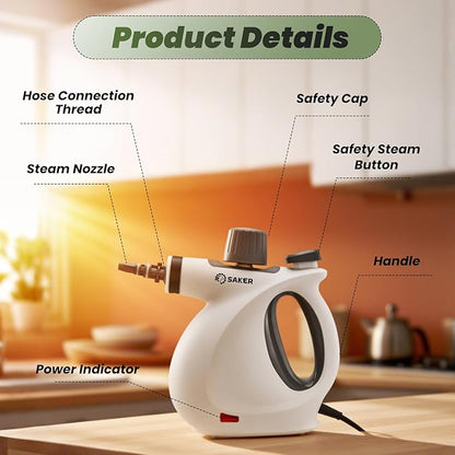 Saker Pressurized Handheld Steam Cleaner,Steam Disinfection Cleaner,Portable Steam Cleaner for Home,1050W Steam Cleaner,Quick Heating & Deep Cleaning of Floors, Cars, and Kitchen with 5 Fiber Cloths