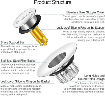 COAMANUG Bathtub Stopper | Shower Drain Hair Catcher, Pop-up Tub Stopper with Strainer | Pop-up Bathtub Drain Plug | Drai Protector for 1-1/2 to 1-3/4" Bath Drain Hole- Pearl Chrome