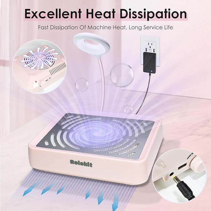 Nail Dust Collector with Lamp&50pcs Disposable Filter&Dusting Brush, Electric Nail Vacuum Cleaner Dust Fan Suction Machine for Manicure Acrylic Gel Nails Polishing, Low Noise,Salon Home
