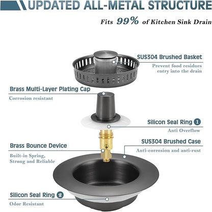 Kitchen Sink Drain Strainer 3 in 1, 304 Stainless Steel Pop Up Sink Stopper, Anti-Clogging Sink Drain Strainer for US Standard Kitchen Drain (Gunmetal Gray)