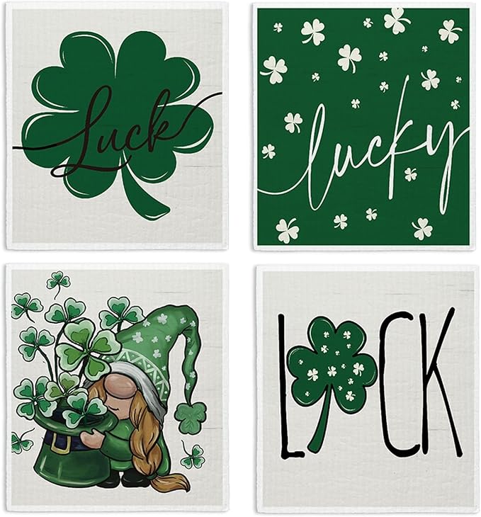 Lucky Wishes Swedish Dishcloths for Kitchen, Green Swedish Dish Cloths for Four-Leaf Clover, 4 Pack Dish Towels for Kitchen, Papaya Reusable Paper Towels Washable