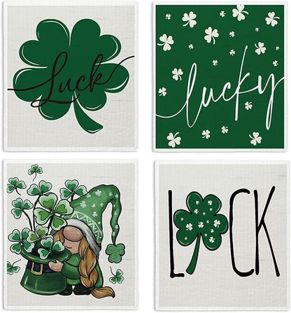 Lucky Wishes Swedish Dishcloths for Kitchen, Green Swedish Dish Cloths for Four-Leaf Clover, 4 Pack Dish Towels for Kitchen, Papaya Reusable Paper Towels Washable