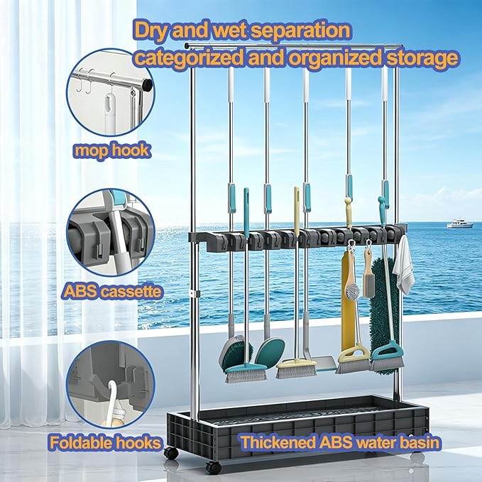 SARKEY Mobile Broom Mop Holder,Rolling Janitor Cart With Wheels,Freestanding Storage Cart,Keep Your Cleaning Tools Organized,For Garage,Garden,Schools,Hotels(65x45x170cm(26x18x67in))