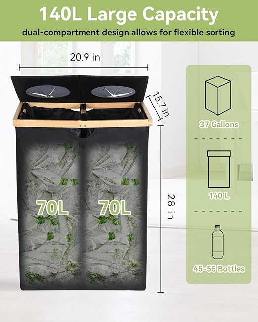 OTraki 140L Recycling Bin for Kitchen, 2 Compartments Large Home Recycle Bin with Lid with 2 Removeable and Reusable Inner Bag for Bottle Can Glass Waste Plastice, Black