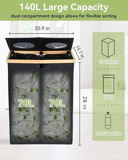 OTraki 140L Recycling Bin for Kitchen, 2 Compartments Large Home Recycle Bin with Lid with 2 Removeable and Reusable Inner Bag for Bottle Can Glass Waste Plastice, Black
