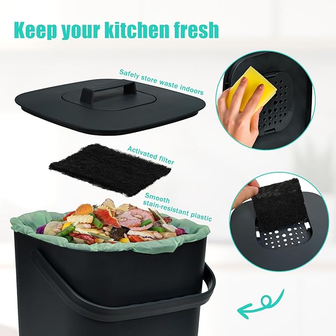 7-Liter Compost Bin Kitchen Countertop Trash Can with Lid - Odorless Compost Bin Outdoor with Filters(Dark Gray)