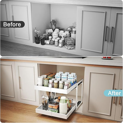 Golener 2-Tier Expandable Pull Out Cabinet Organizer - 21" Deep Slide Out Drawers for Kitchen Cabinets, Bathroom Organizers and Storage, Under Sink Organizer for Kitchen Storage Organization, White