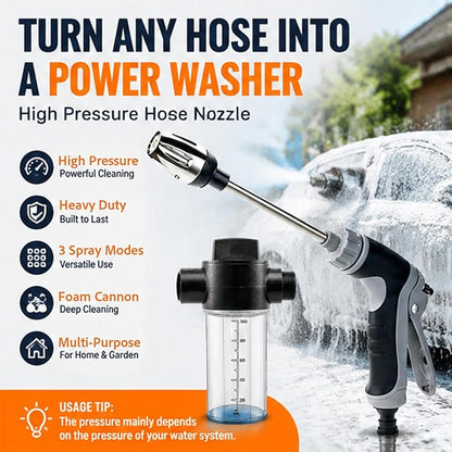High Pressure Hose Nozzle – Turn Any Hose into Pressure Washer, 2026 Heavy Duty Garden Hose Spray Nozzle, 3 Spray Modes,Multi-Function Water Jet Sprayer for Car Wash,Garden,Lawn & Patio Cleaning