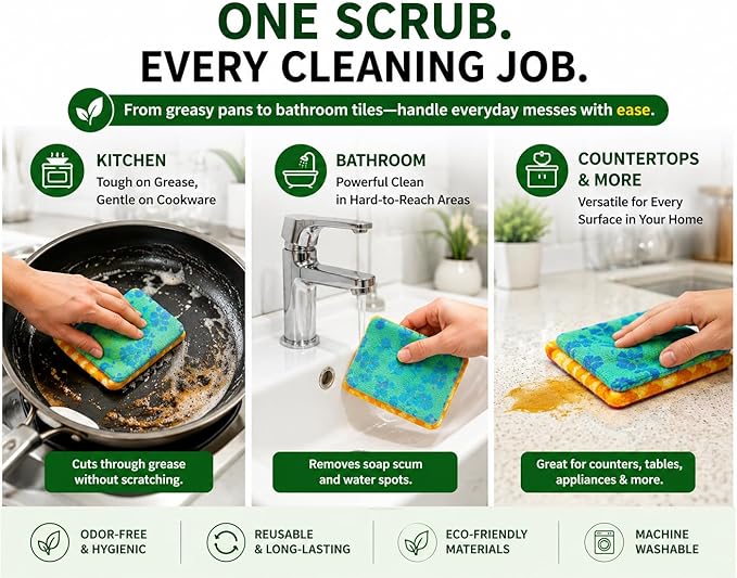Reusable Dish Scrubbers (4 Pack) – Odor-Free Sponge Alternative, Non-Scratch Kitchen Scrubber for Dishes, Pots & Pans – Long-Lasting, Eco-Friendly Cleaning Pads