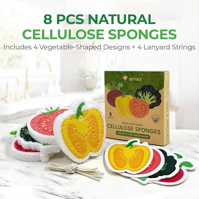 AIRNEX Biodegradable Cellulose Compressed Sponges Bulk - Vegetable Shaped Kitchen Pack of 8 - Eco Friendly, Odor Free, Natural, Pop Up Compostable Scrubbers for Washing Dishes