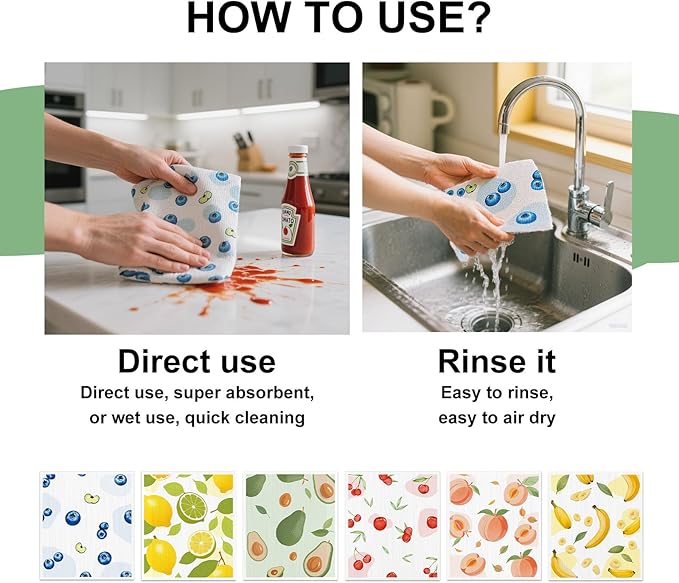 Swedish Dishcloths for Kitchen, 6 Pack, Reusable Paper Towels Washable, Super Absorbent Dish Drying Rags, Fast Dry Non-Scratch Cloths for Washing Dishes, Biodegradable