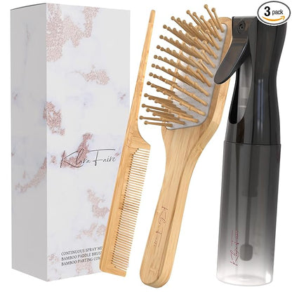 heatless curler companion set - 3pc set w/bamboo brush, rat tail combs & hair mister spray bottle | Natural Bamboo hair brush & Wooden Comb w/fine mist spray bottles (Black Silver)