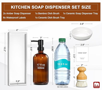 GMISUN Dish Soap Dispenser, 16 Oz Kitchen Soap Dispenser Set with Ceramic Tray & Bamboo Brush, 2 Pack Thick Amber Glass Soap Dispenser, Farmhouse Refillable Hand and Dish Liquid Soap Pump Bottle Set