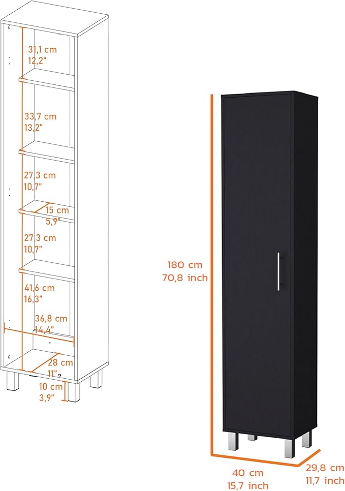 Storage Cabinet, Single Door Freestanding Black Cabinet with 3 Broom Hangers & 5 Interior Shelves, Modern Particle Board Melamine Kitchen Organizer, 11.73" D x 15.75" W x 70.87" H