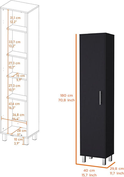 Storage Cabinet, Single Door Freestanding Black Cabinet with 3 Broom Hangers & 5 Interior Shelves, Modern Particle Board Melamine Kitchen Organizer, 11.73" D x 15.75" W x 70.87" H