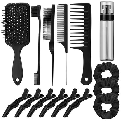 15 Pcs Slick Back Hair Brush Set, Bristle Comb with Spray Bottle,Hair Clip,Edge Brush for Women, Men (Black)