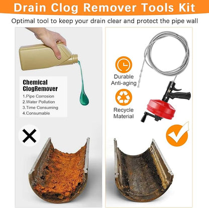 25 FT Double Mode Drain Snake Tools, 14-in-1 Drain Auger for Sink and Drain Unblocking, Plumbing Snake for Kitchen, Bathrom and Shower Sink, Drain Clog Remover for Real DYIs【Upgraded】