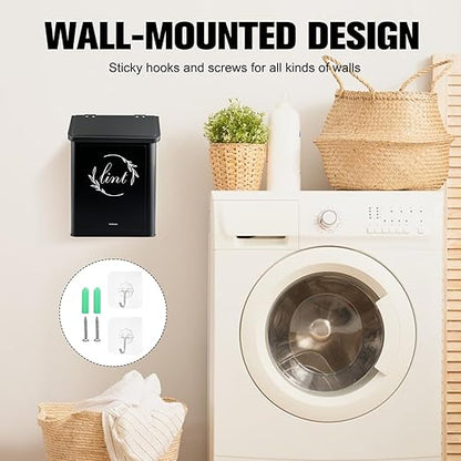 Magnetic Lint Bin for Laundry Room, Metal Lint Trash Can with Lid for Dryer, Wall Mounted Lint Holder Box with Lint Brush, Modern Farmhouse Laundry Room Decor, Black