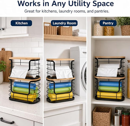 REFGY 2-Pack Multi-Purpose Trash Bag Holder & Stackable Kitchen Storage Organization Bins (11.02" x 6.69"), Protective Wire Basket with Natural Fiber Top, Versatile Garbage Bag Dispenser Under Sink