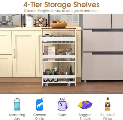 Giantex 4 Tier Rolling Slim Storage Cart, 8" Narrow Slide Out Kitchen Cart w/Handle & Open Shelves, Space-Saving Compact Mobile Utility Trolley for Small Space Laundry Room (White & Natural)
