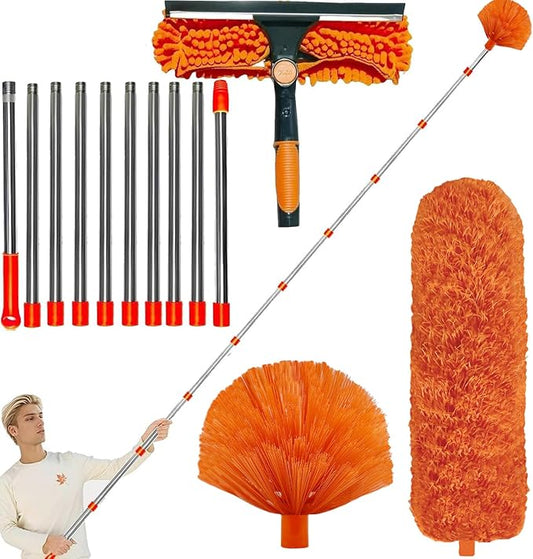 20+ Feet High Reach Dusting Kit with 3-14 ft Extension Pole //2 in 1 Window Cleaning Kit // High Ceiling Duster // Cobweb Microfiber Duster // Outdoor & Indoor Extendable Duster Cleaning Kit