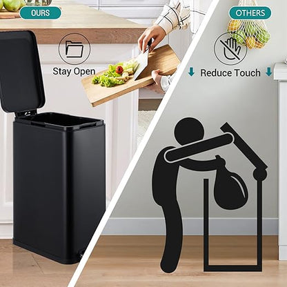 13-Gallon Kitchen Trash Can, 50-Liter Slim Stainless Steel Pedal Trash Bin, Pedal Trash Can with Soft-Close Lid, Fingerprint-Resistant, with Removable Inner Bucket, Suitable for Small Spaces,Black