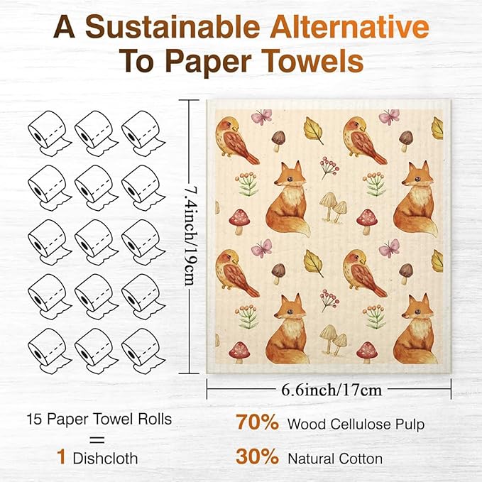 Swedish Dishcloths for Kitchen | 6 Pack Floral Reusable Paper Towels Washable | Swedish Dish Towels | Non-Scratch Cellulose Sponge Cloths | No Odor, Biodegradable Cleaning Cloths, Animal