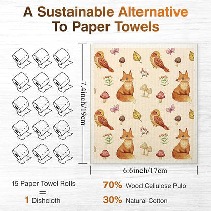 Swedish Dishcloths for Kitchen | 6 Pack Floral Reusable Paper Towels Washable | Swedish Dish Towels | Non-Scratch Cellulose Sponge Cloths | No Odor, Biodegradable Cleaning Cloths, Animal