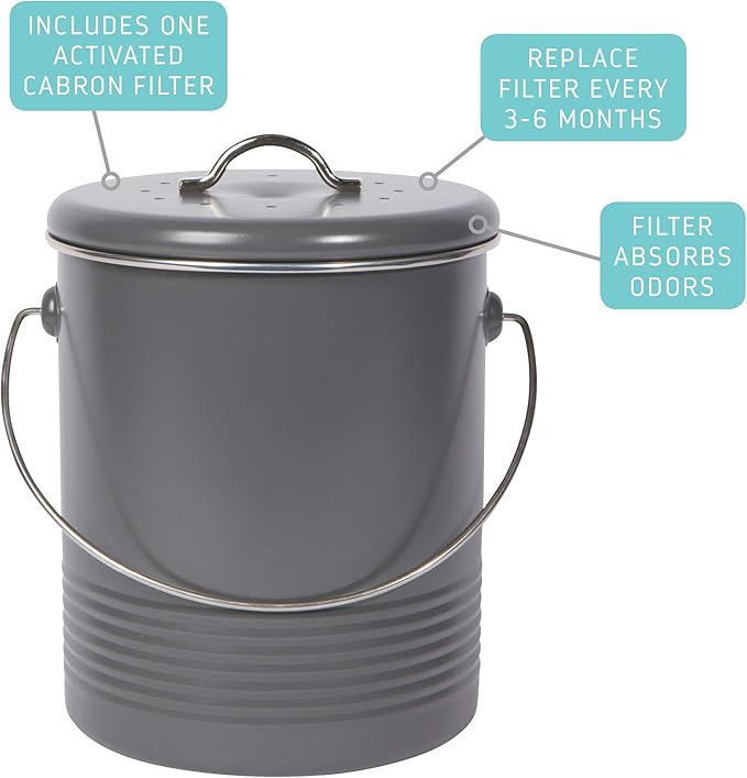 Now Designs Compost Bin Charcoal Powder Coated Steel With Charcoal Filter, 8.5 inches high, 1.25 gallon