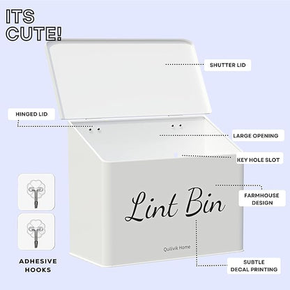 Metal Magnetic Lint Bin With Lid For Laundry Room Decor With Small Lint Holder Bin| Metal Box| Lint Holder Bins for Organzation (White, Small)