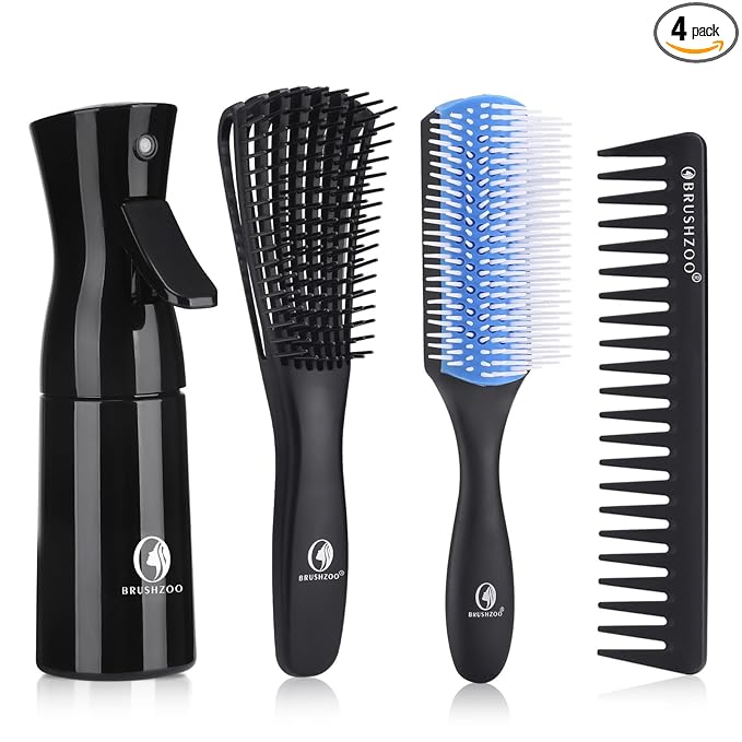 Hair Brush Set, Detangler Brush for Natural 3/4abc Curly Hair, Hair Brushes for Women Men Kids Detangling Styling with Spray Bottle (Blue)