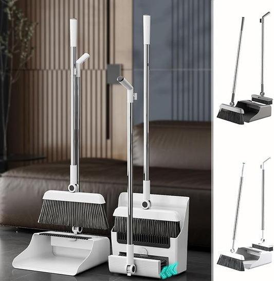 3-in-1 Broom and Dustpan Set - Stainless Steel Handle Floor Cleaning Kit for Home & Office, Space-Saving Storage Design