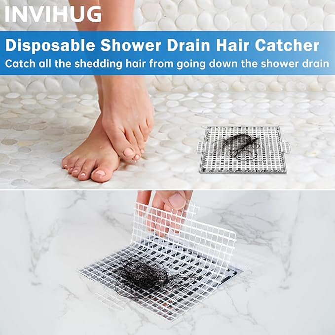 25 Pack, Disposable Shower Drain Hair Catcher Mesh Stickers,Disposable Hair Drain Catcher. (4.1inch Square)