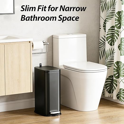 Small Bathroom Trash Can with Lid Soft Close, Step Pedal, 1.6 Gallon Black Stainless Steel Garbage Can with Removable Inner Bucket, Includes 60 Trash Bags for Home Bedroom