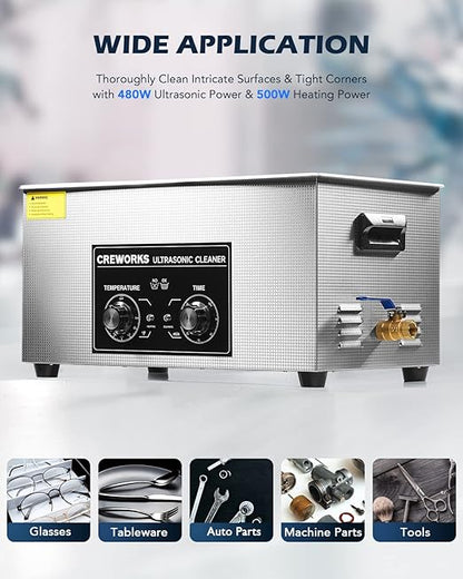 CREWORKS Ultrasonic Cleaner with Heater and Timer, 480W 22L Professional Ultrasonic Cleaning Machine, 5.8 gal Stainless Steel Cleaner with Knobs for Tool Jewelry Watch Glasses and More