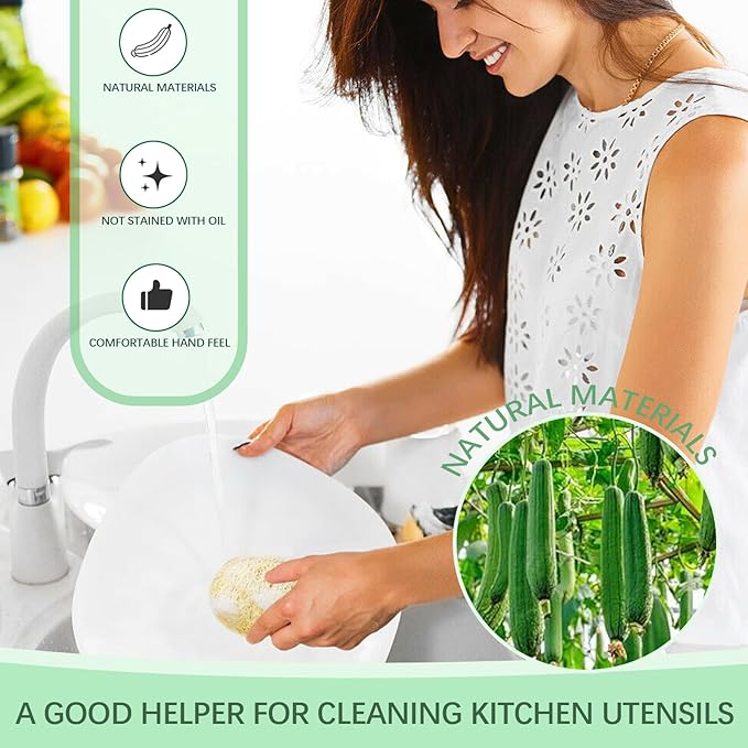 Natural Loofah Dish Sponge, Natural Kitchen Biodegradable Compostable Cellulose Loofah Scrub Sponge, Dual Sided Reusable Non Scratch Cleaning Sponge for Cleaning Kitchen, Bathroom, Household, 3 Pcs