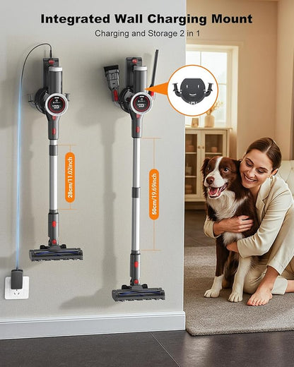 Cordless Vacuum Cleaner, Stick Vacuum Rechargeable, 550W 45KPA Powerful Suction Lightweight Vacuum Cleaners for Home, Anti-Tangle, Self Standing for Pet Hair Hardwood Floor Carpet - Sliver