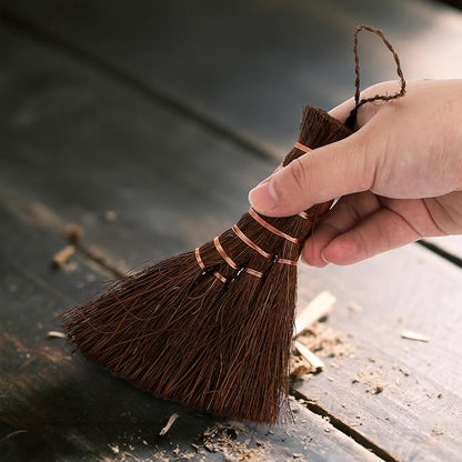Fasmov 3 Pack Bonsai Broom Brush, Natural Straw Broom with Embroidery Nylon Thread Handle with Hanger, Whisk Broom Hand Brush Car Broom for Cleaning Dustpan Desktop