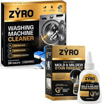 Zyro Washing Machine Cleaner & Mold Stain Remover Gel Bundle | 24 Pack Washer Cleaner Tablets + Heavy Duty Mildew & Grout Cleaning Gel
