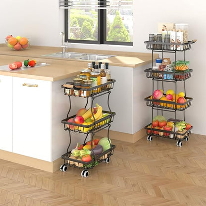 CHLORYARD 4 Tier Slim Fruit Basket for Kitchen, Stackable Metal Wire Fruit Vegetable Storage Baskets Organizer Stand on Wheels, Produce Basket Potato Onion Storage Bins Rack for Pantry. (Black)