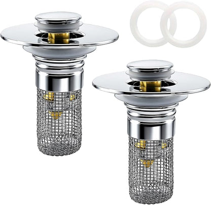 Bathroom Sink Drain Strainer, Pop-up Sink Drain Strainer with Removable Strainer Basket Hair Catcher, Bathroom Sink Stopper,2 Packs